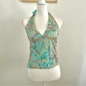 Y2k Ibiza Mermaid Sequin Halter Top - Turquoise